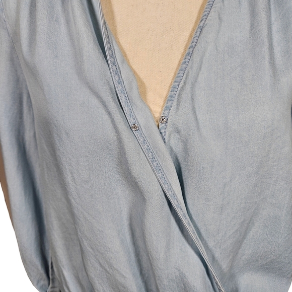 Vince Camuto Lighweight Denim, Wrap Front Blouse, Light Blue, Size Small - Picture 3 of 14